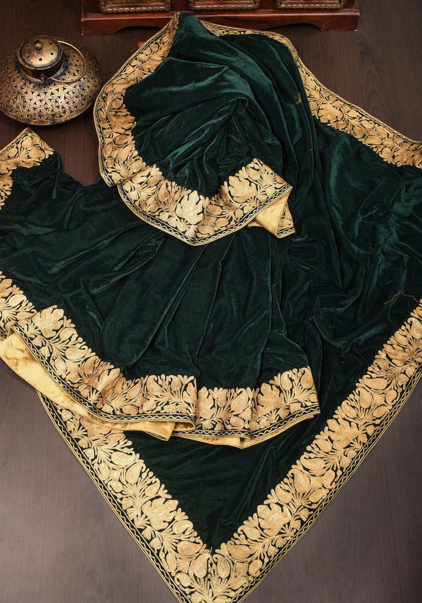 Exquisite Green Velvet Saree with Kashmiri Tilla Work Style