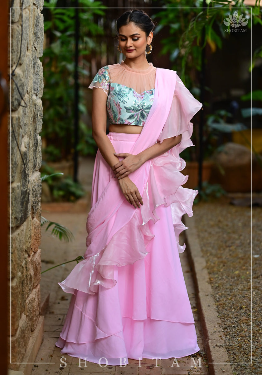 Custom Stitched Ruffle Saree and Blouse : Pink Georgette and Glass Organza  Ruffle Saree with Cancan and Lining