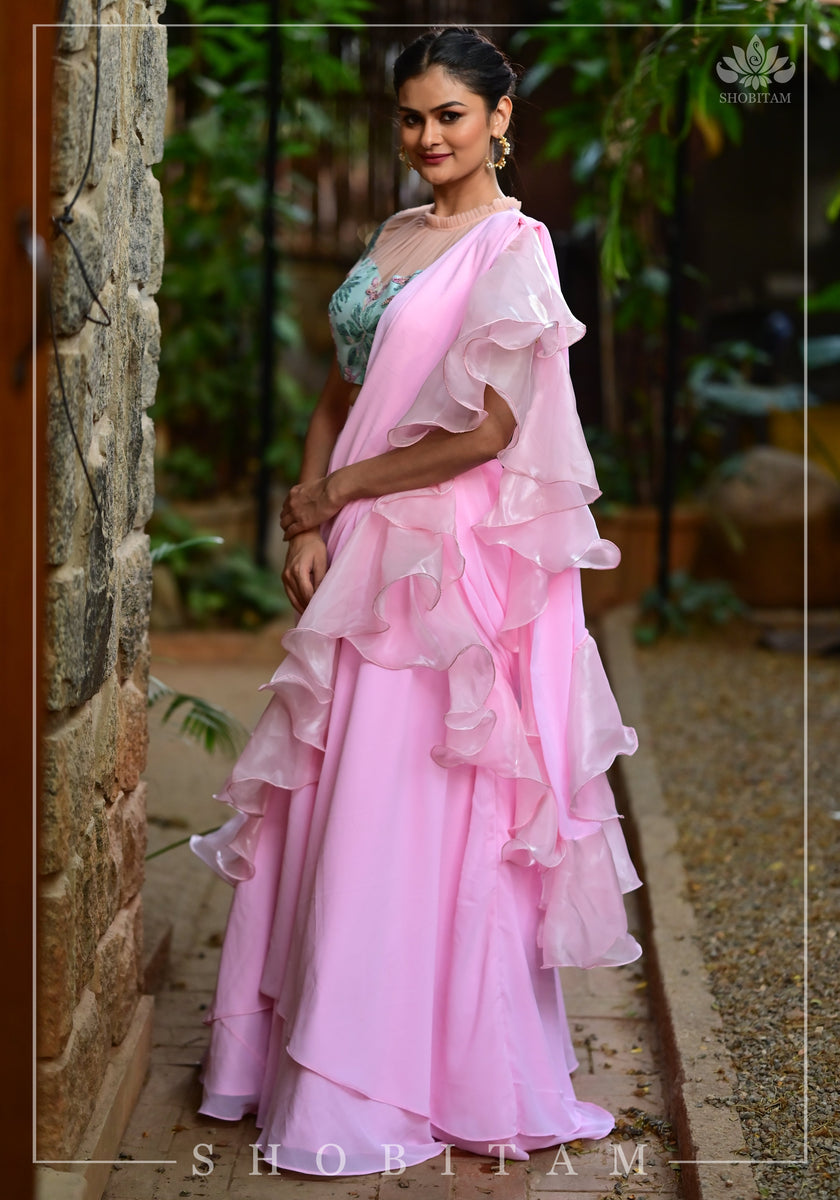 Custom Stitched Ruffle Saree and Blouse : Pink Georgette and Glass Org –  Shobitam