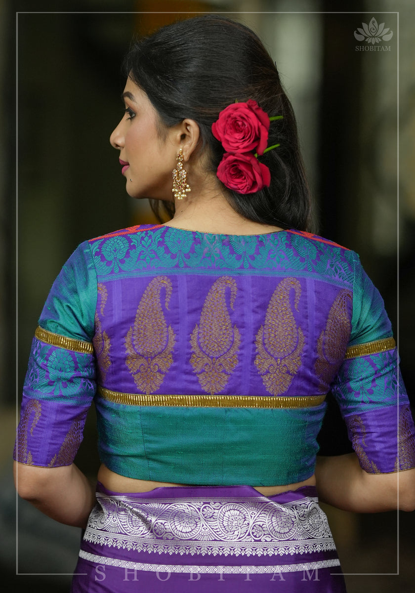 Peacock blue rawsilk with purple brocade U neck Blouse, Made to