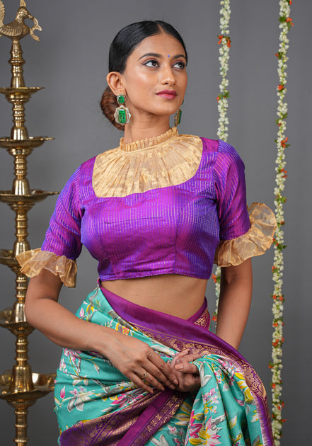 Maroon raw silk deep U neck blouse with kanjivaram zari sleeves