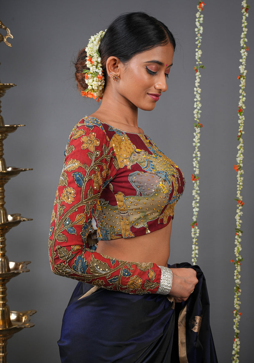 White chanderi sleeveless blouse with kalamkari ruffle detailing + fac –  House of Blouse