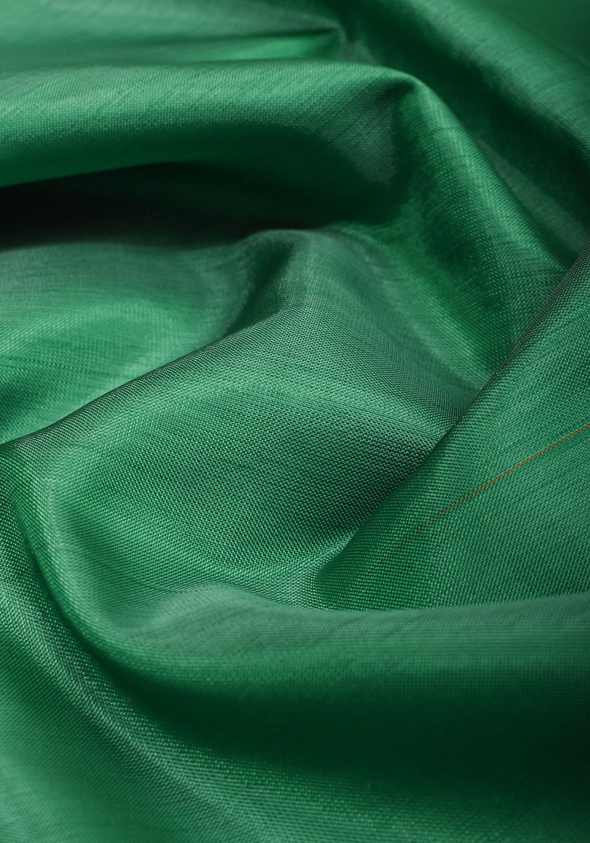 Vegan Silk Saree in Rama Green and Mustard Orange with Copper Zari Bor