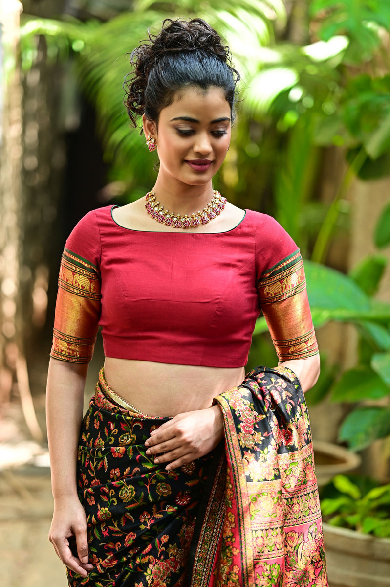 Maroon Narayanpet cotton boatneck blouse with oval cutout and ...