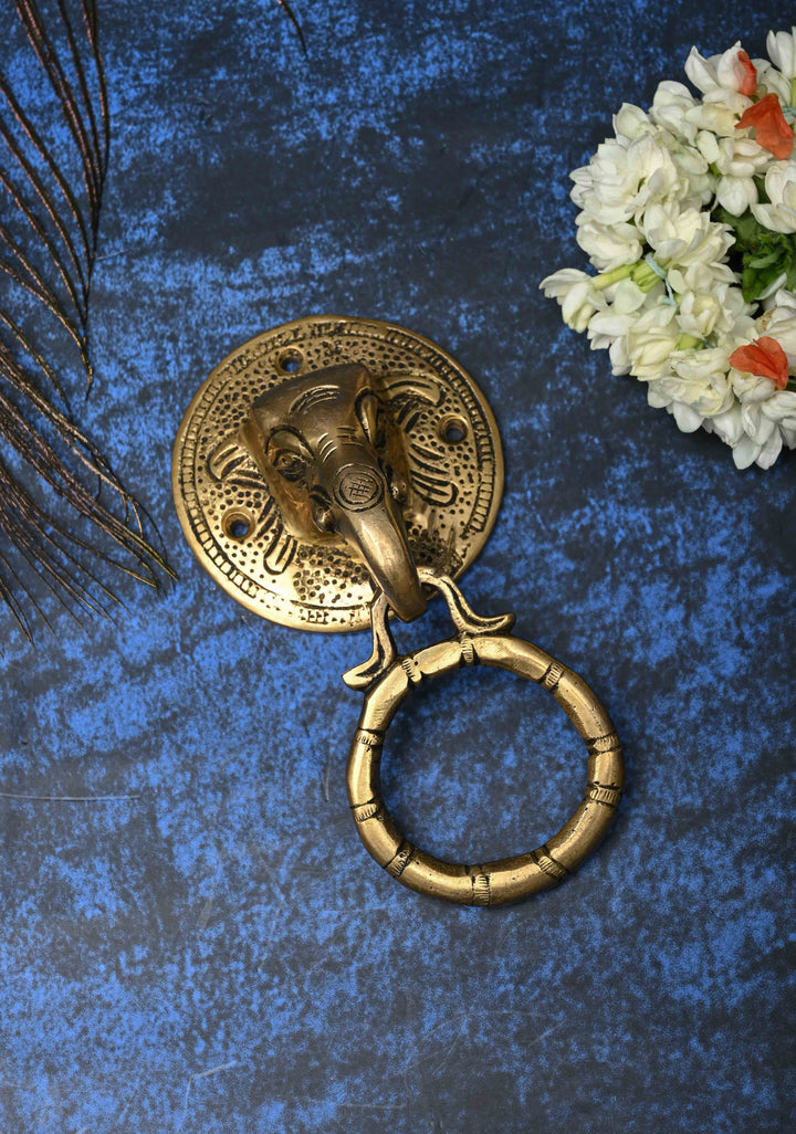 5.5" Antique Brass Ganesha Face with Ring Door Knocker-Door Handle, Indian Decorative piece