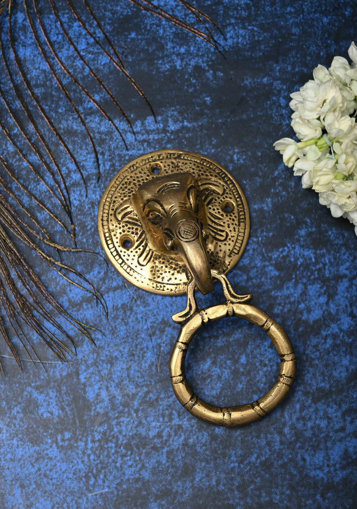 5.5" Antique Brass Ganesha Face with Ring Door Knocker-Door Handle, Indian Decorative piece