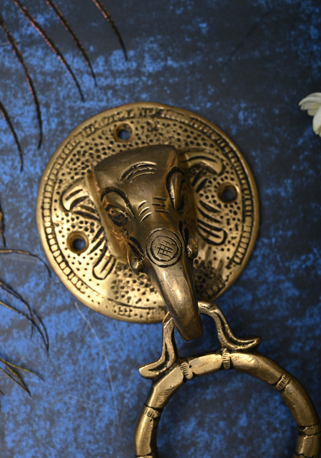 5.5" Antique Brass Ganesha Face with Ring Door Knocker-Door Handle, Indian Decorative piece