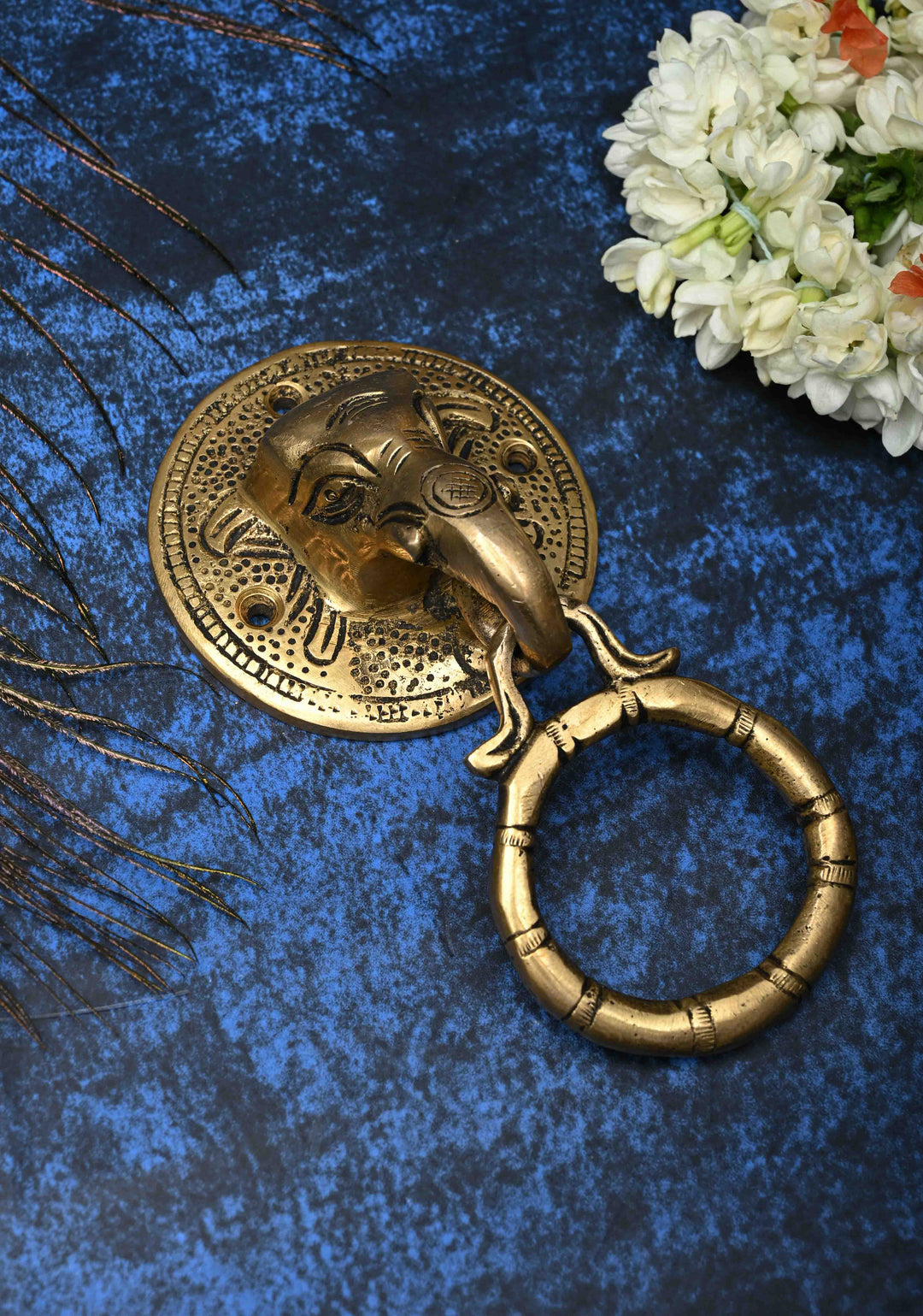 5.5" Antique Brass Ganesha Face with Ring Door Knocker-Door Handle, Indian Decorative piece