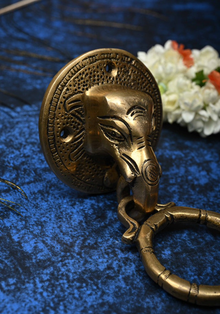 5.5" Antique Brass Ganesha Face with Ring Door Knocker-Door Handle, Indian Decorative piece