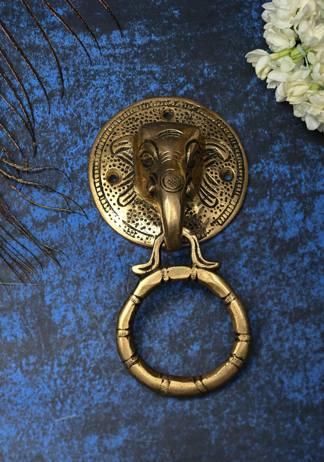 5.5" Antique Brass Ganesha Face with Ring Door Knocker-Door Handle, Indian Decorative piece