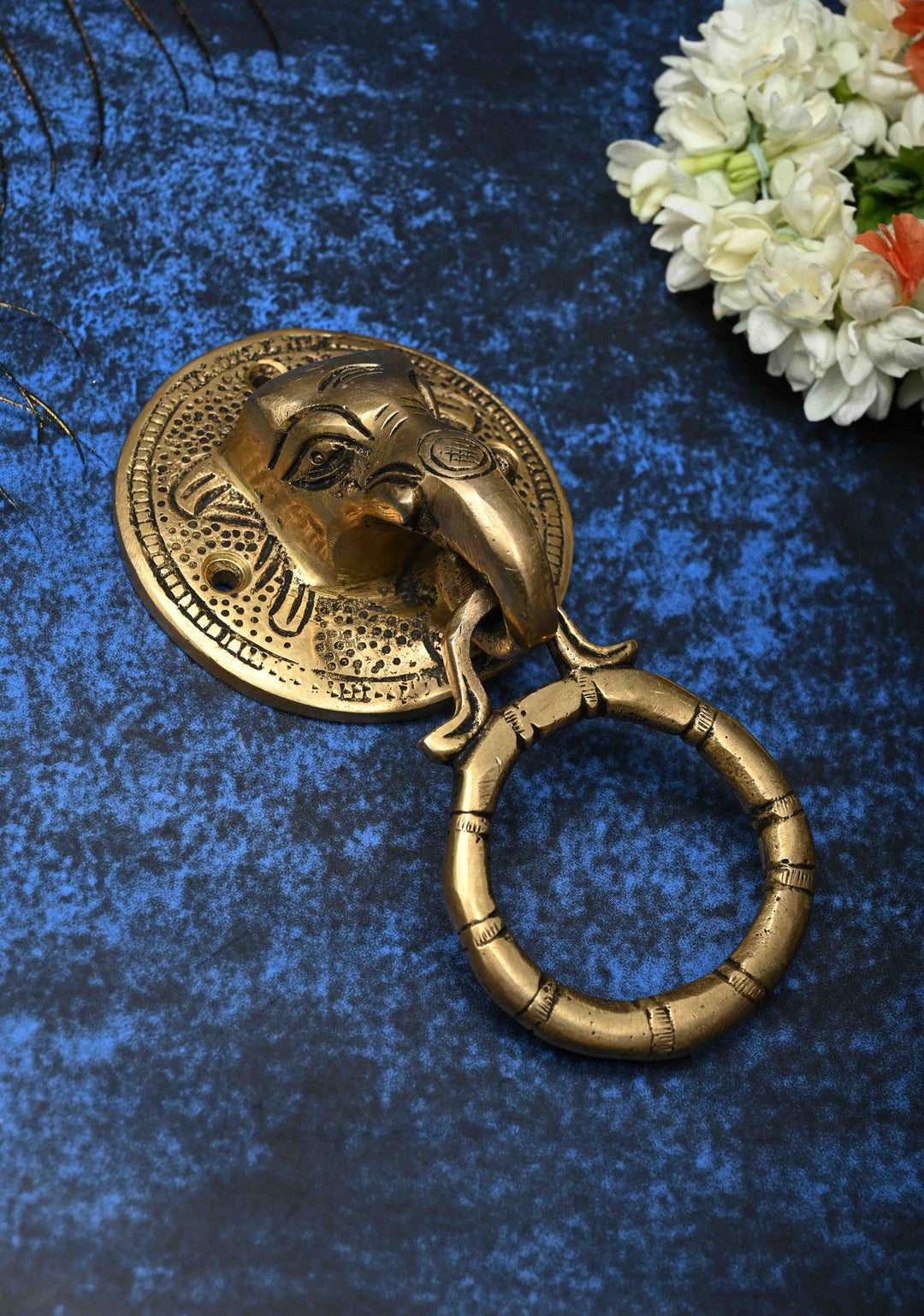 5.5" Antique Brass Ganesha Face with Ring Door Knocker-Door Handle, Indian Decorative piece
