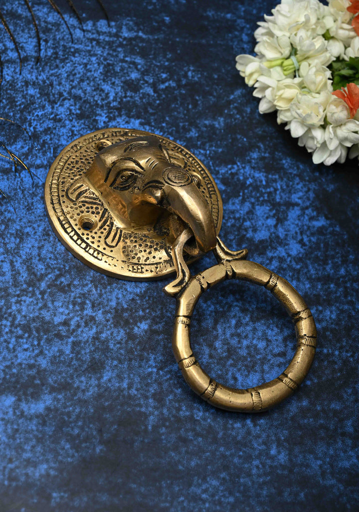 5.5" Antique Brass Ganesha Face with Ring Door Knocker-Door Handle, Indian Decorative piece
