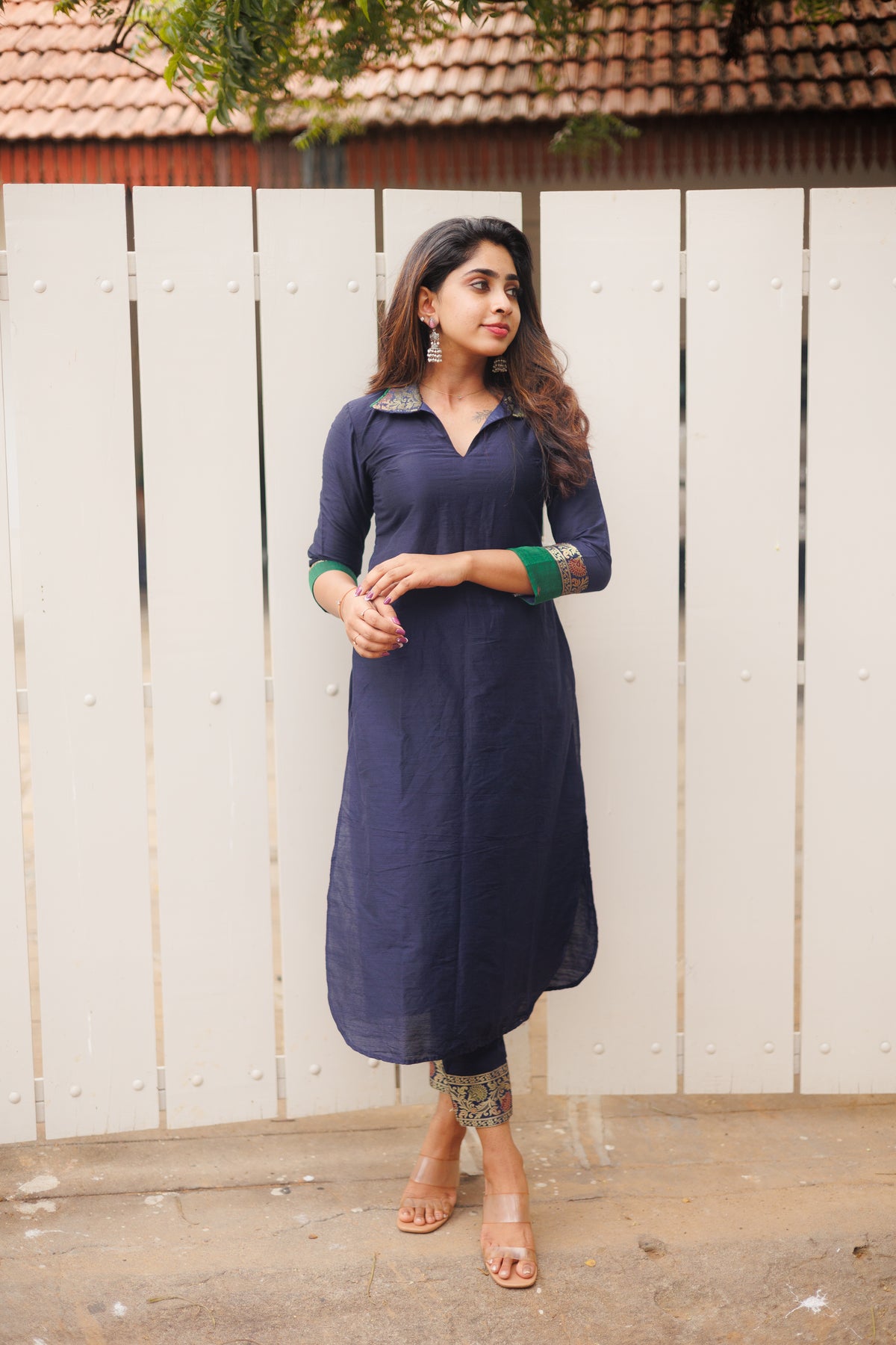 Navy Collared Kurti with Ankle Length Pants, Shobitam Custom Gowns