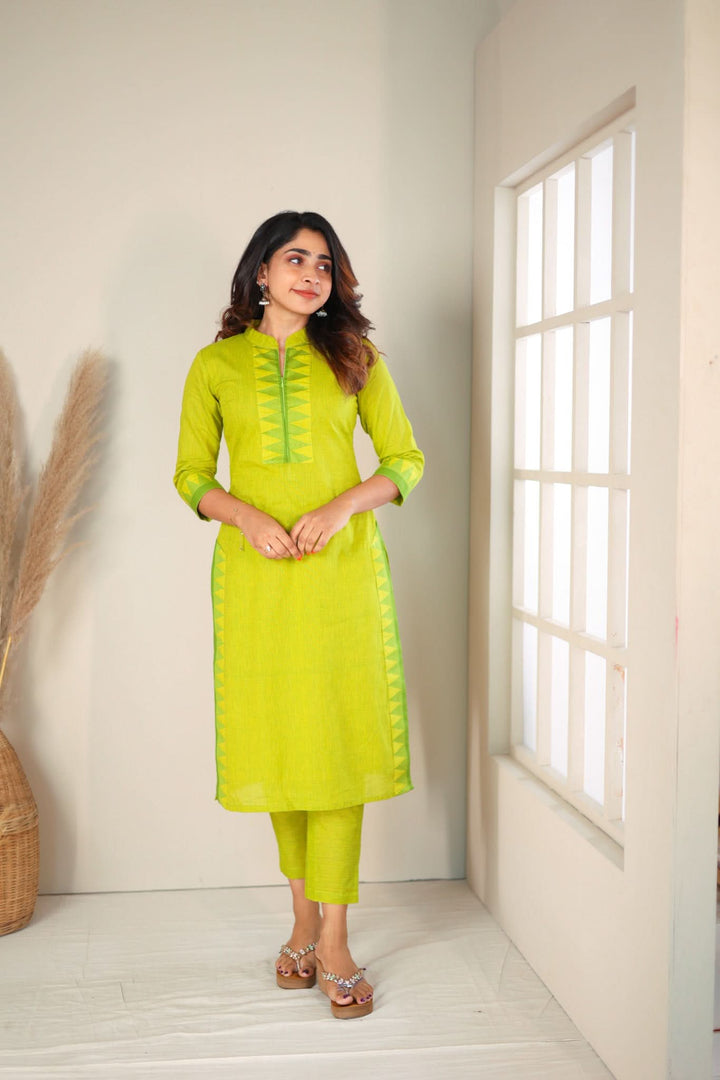 Lemon Yellow & Green Kurti and Pant 2 Piece Set | Made To Order