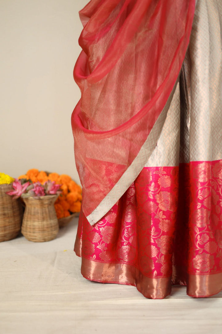 Gray and Pink 3 PIece Skirt, Crop Top and Dupatta | Made To Order