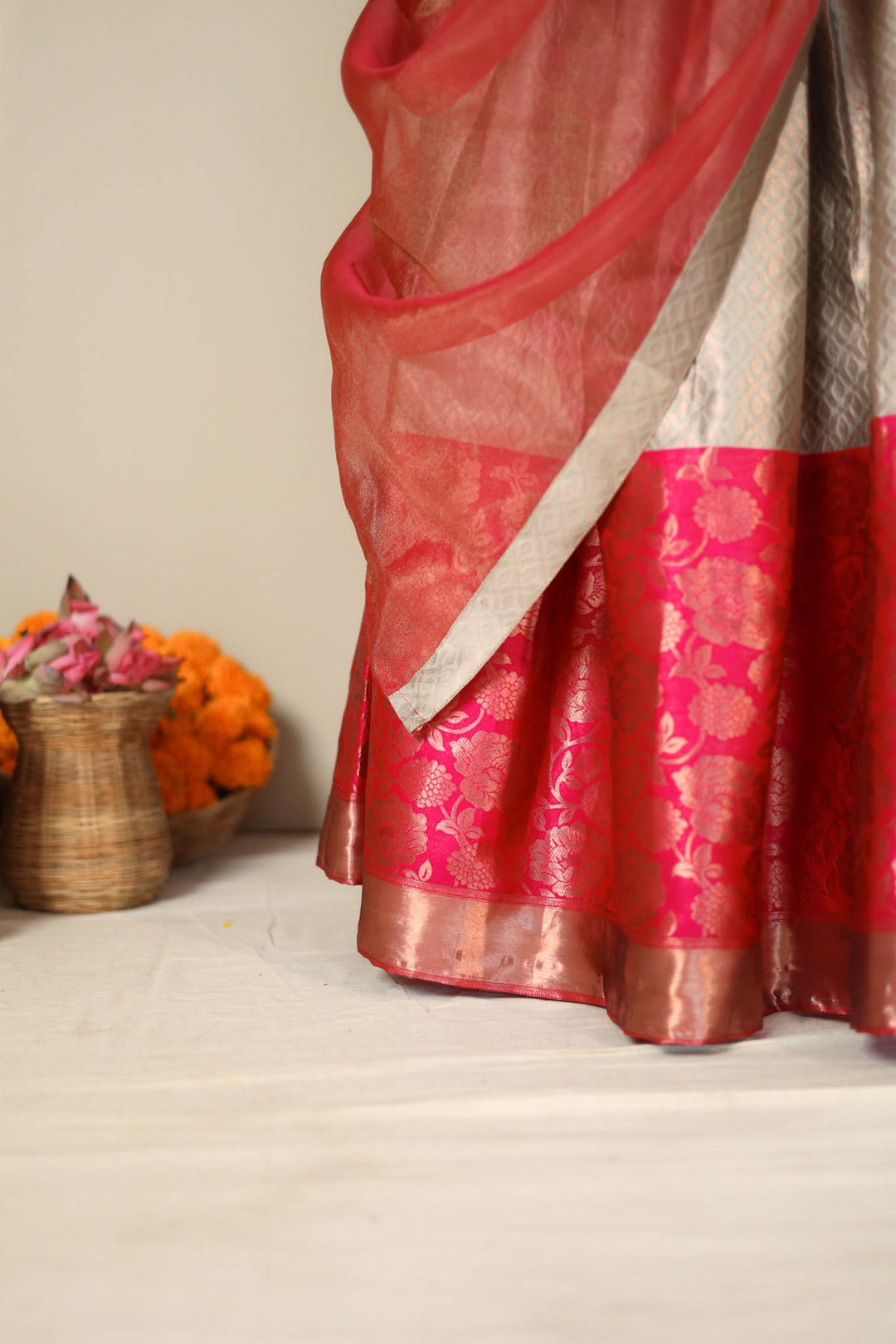Gray and Pink 3 PIece Skirt, Crop Top and Dupatta | Made To Order