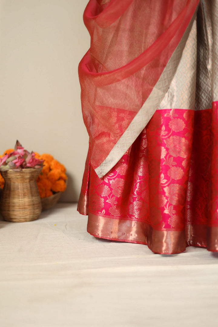 Gray and Pink 3 PIece Skirt, Crop Top and Dupatta | Made To Order