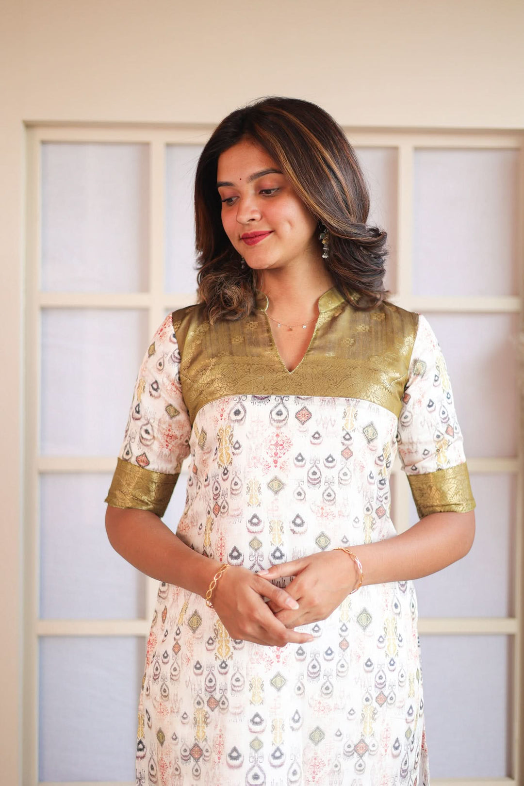 Olive Green & White Kurti Single Piece | Made To Order