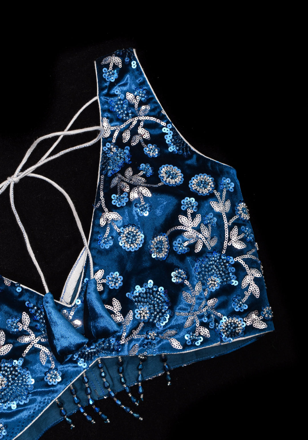 Cobalt Blue Velvet floral embroidery and sequins sleeveless blouse