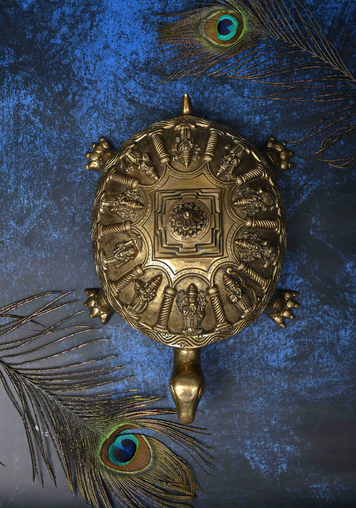 12" Brass Dashavataram Vaastu Turtle for Table Top Decor with 3D Lakshmi Yantra