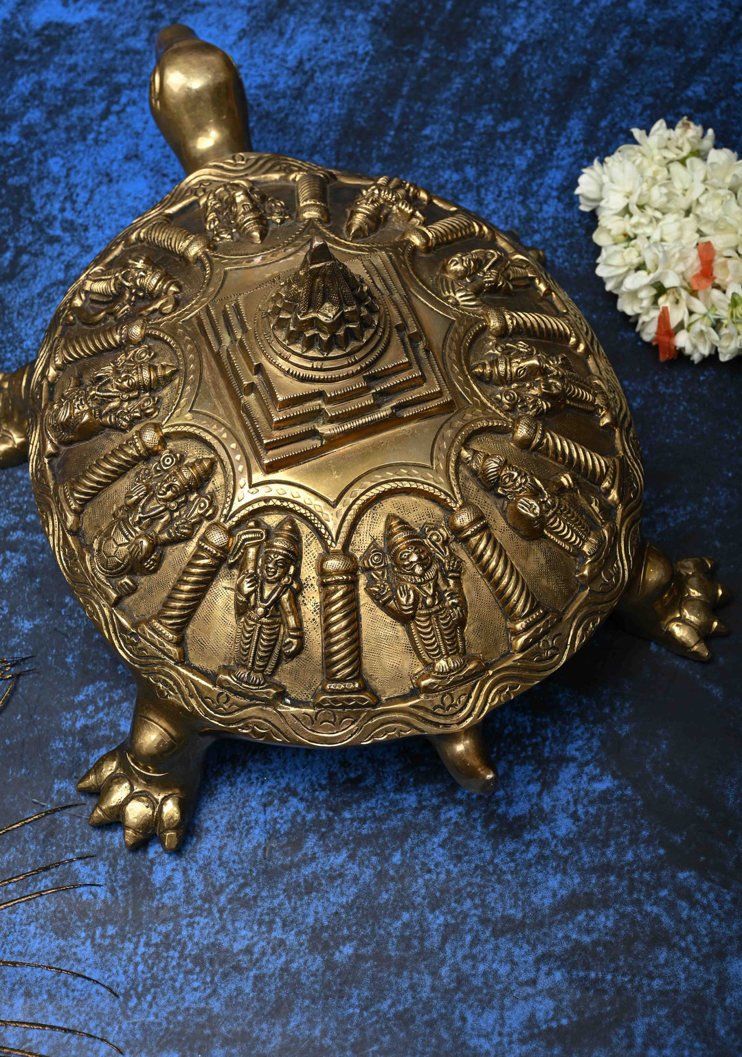 12" Brass Dashavataram Vaastu Turtle for Table Top Decor with 3D Lakshmi Yantra