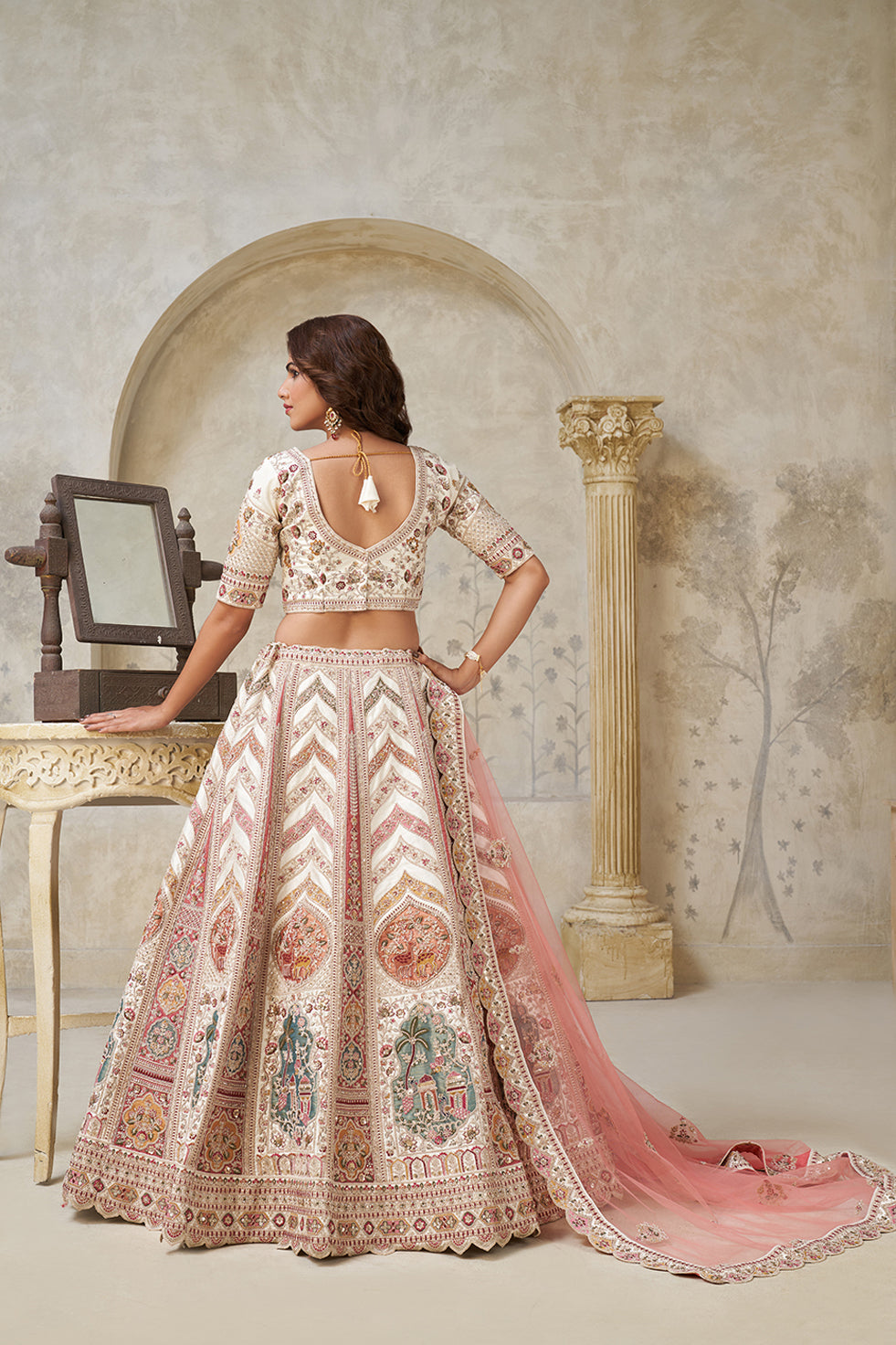 Pranaya Ivory &amp; Pink Lehenga Set | Shobitam