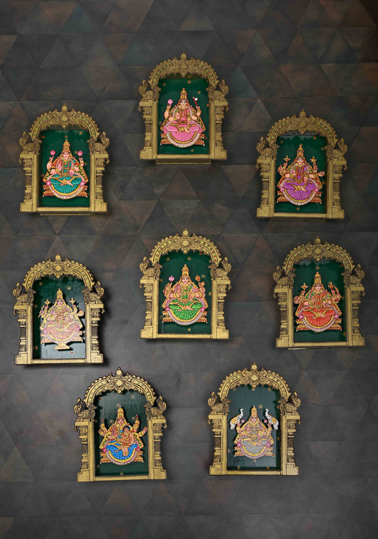 Wooden Ashtalakshmi Tanjore Style Handpainted Temple Frames - Wall Mounting Handpainted Frames - Set of 8