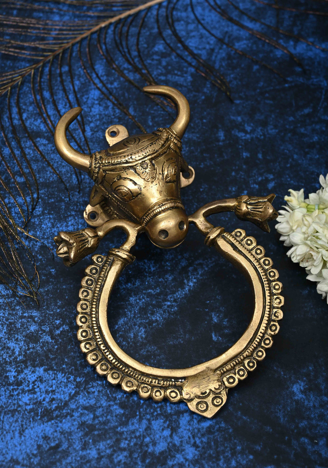 Antique Brass Nandi with Ring Door Knocker-Door Handle, Indian Decorative