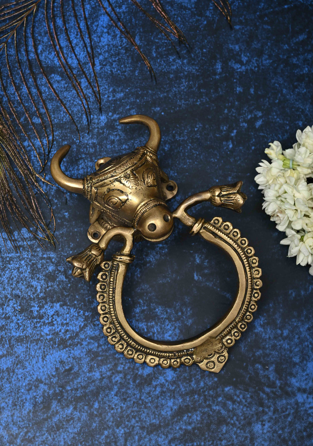 Antique Brass Nandi with Ring Door Knocker-Door Handle, Indian Decorative