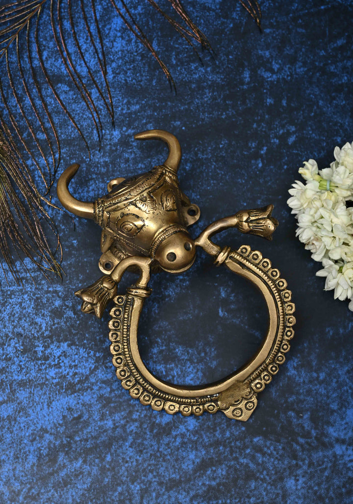 Antique Brass Nandi with Ring Door Knocker-Door Handle, Indian Decorative