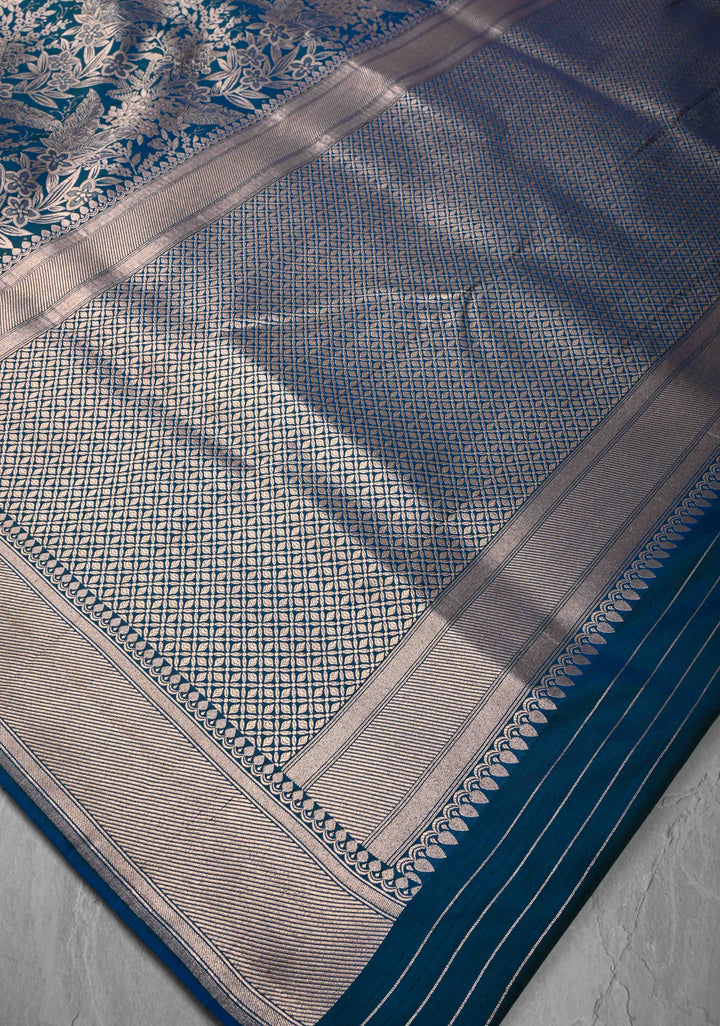 Peacock Blue Green Dual tone Banarasi Katan Silk Saree with Floral Brocade and Zari Borders | SILK MARK CERTIFIED