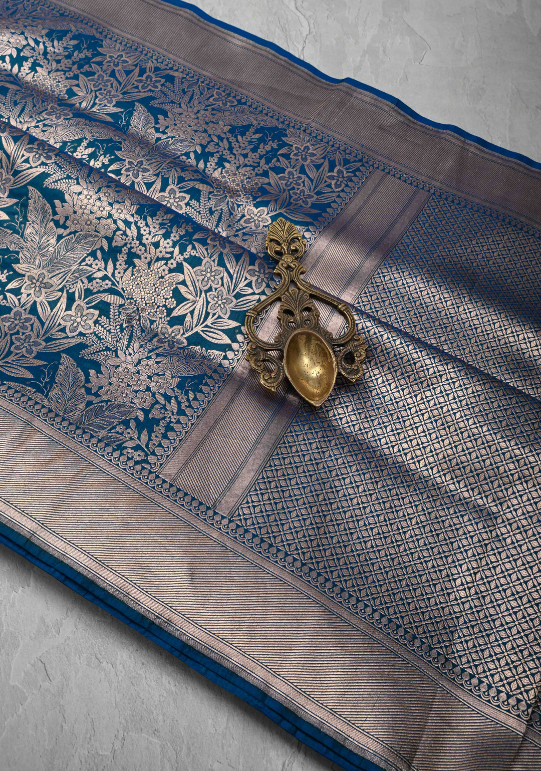 Peacock Blue Green Dual tone Banarasi Katan Silk Saree with Floral Brocade and Zari Borders | SILK MARK CERTIFIED