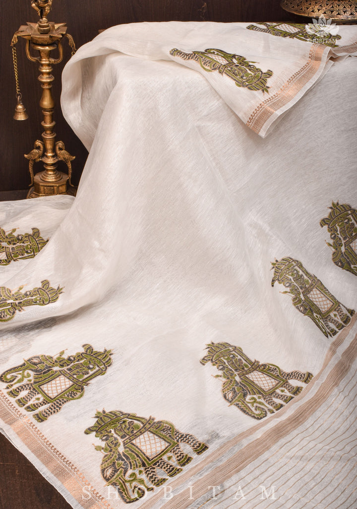 2 week Preorder : Royal Elephant Sanganeri Hand Block printing on Pure Silk Linen in White
