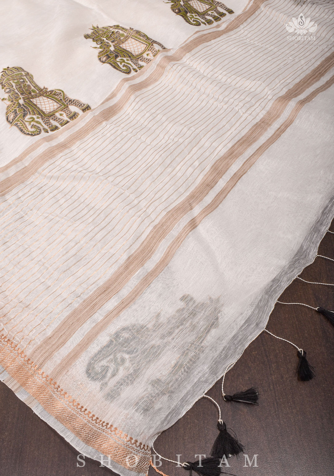 2 week Preorder : Royal Elephant Sanganeri Hand Block printing on Pure Silk Linen in White