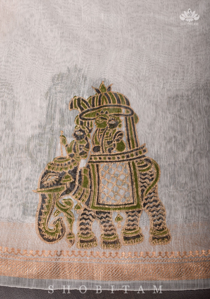 2 week Preorder : Royal Elephant Sanganeri Hand Block printing on Pure Silk Linen in White