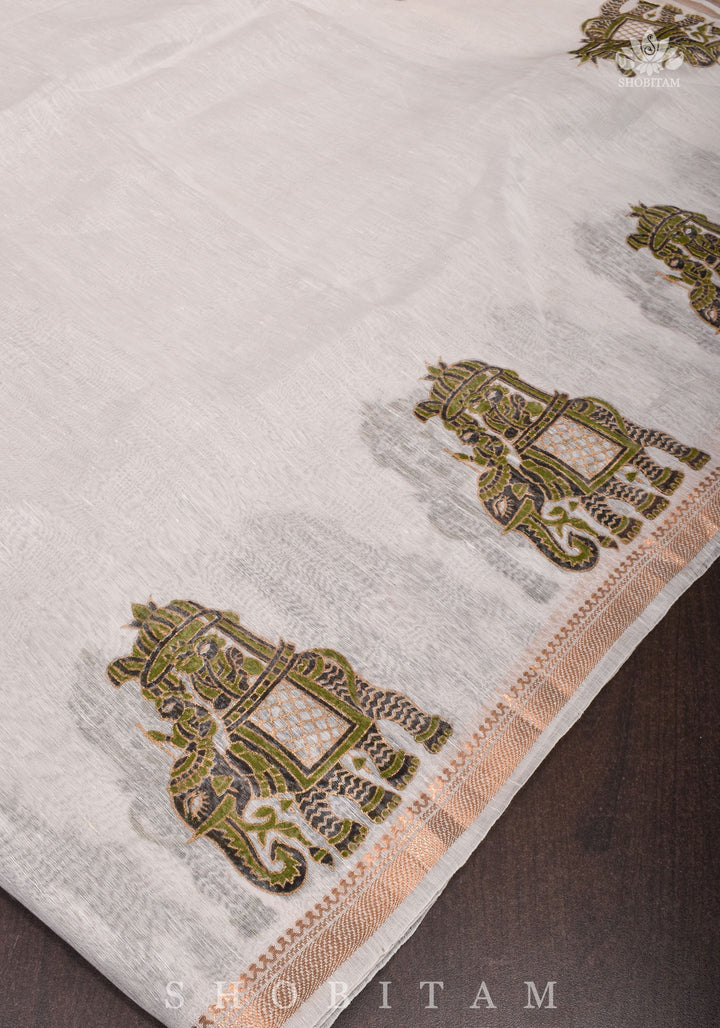 2 week Preorder : Royal Elephant Sanganeri Hand Block printing on Pure Silk Linen in White