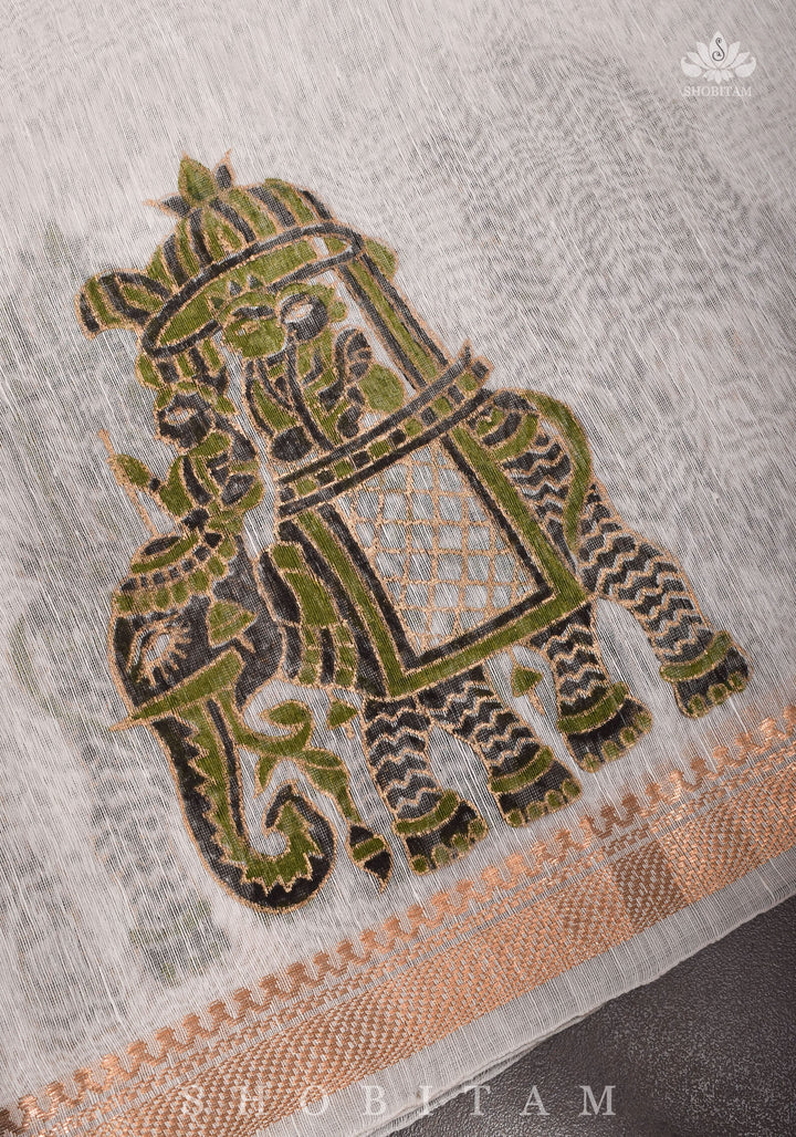 2 week Preorder : Royal Elephant Sanganeri Hand Block printing on Pure Silk Linen in White
