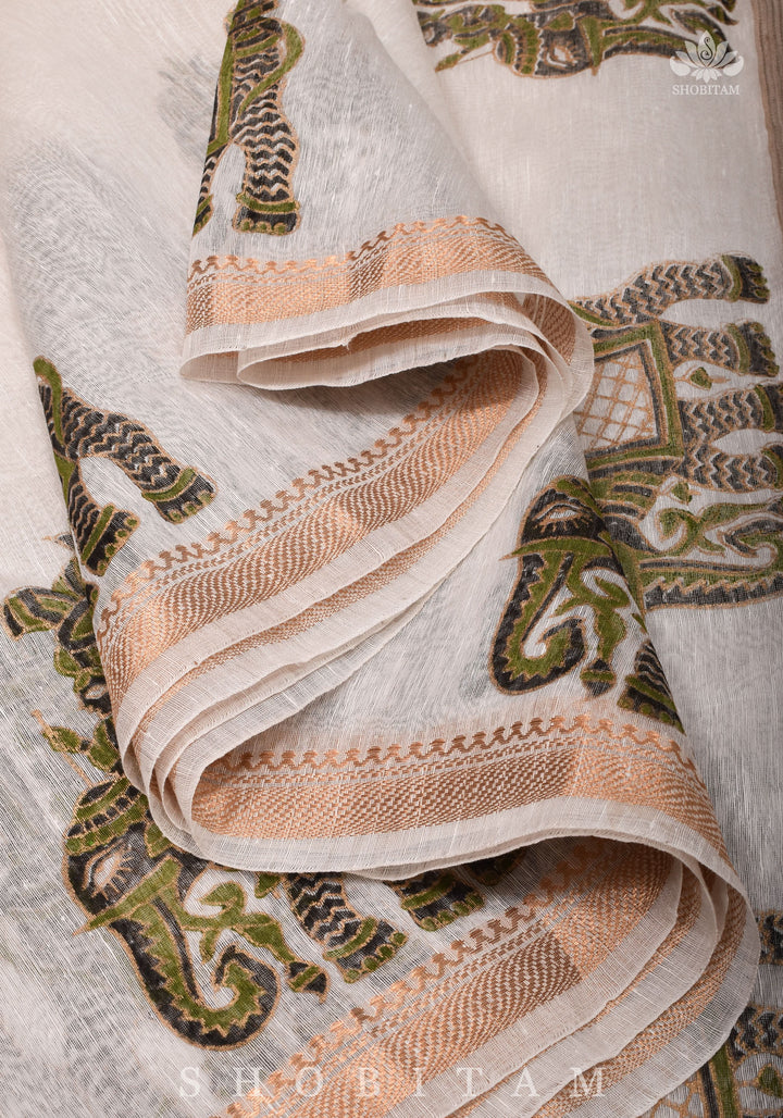 2 week Preorder : Royal Elephant Sanganeri Hand Block printing on Pure Silk Linen in White