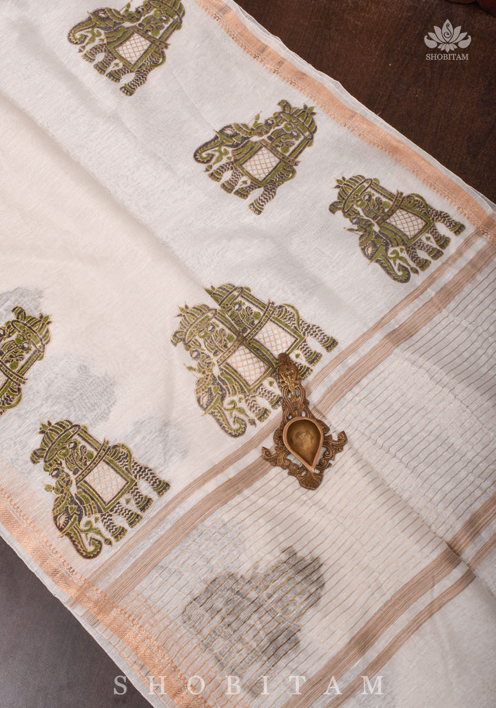 2 week Preorder : Royal Elephant Sanganeri Hand Block printing on Pure Silk Linen in White