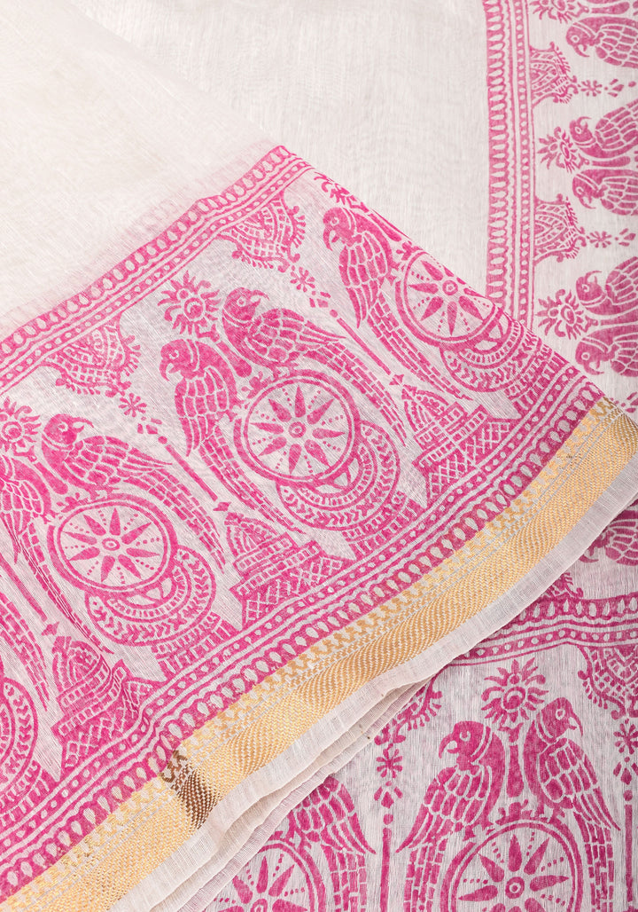 2 Week Preorder : White and Pink Sanganeri Hand Block printing on Pure Silk Linen in White and gold Zari border