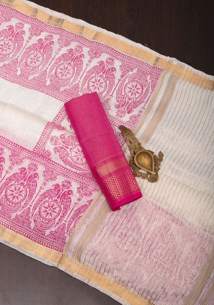 2 Week Preorder : White and Pink Sanganeri Hand Block printing on Pure Silk Linen in White and gold Zari border