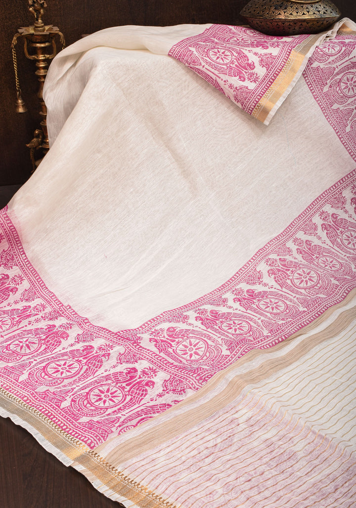 2 Week Preorder : White and Pink Sanganeri Hand Block printing on Pure Silk Linen in White and gold Zari border