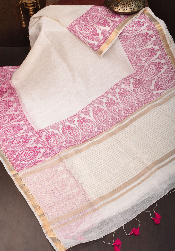 2 Week Preorder : White and Pink Sanganeri Hand Block printing on Pure Silk Linen in White and gold Zari border