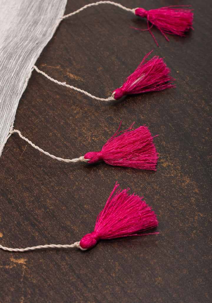 2 Week Preorder : White and Pink Sanganeri Hand Block printing on Pure Silk Linen in White and gold Zari border