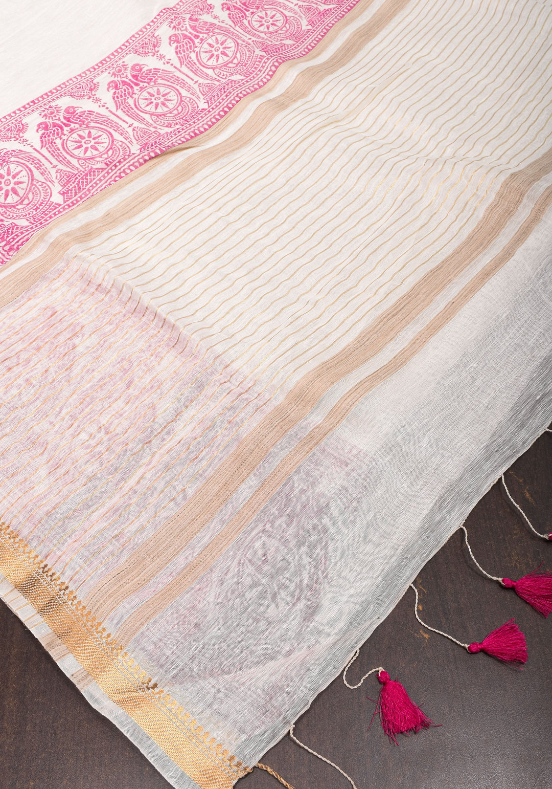 2 Week Preorder : White and Pink Sanganeri Hand Block printing on Pure Silk Linen in White and gold Zari border