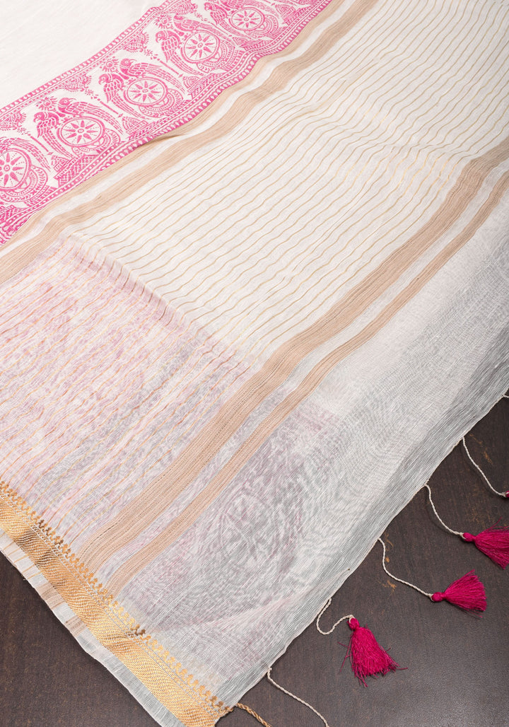 2 Week Preorder : White and Pink Sanganeri Hand Block printing on Pure Silk Linen in White and gold Zari border