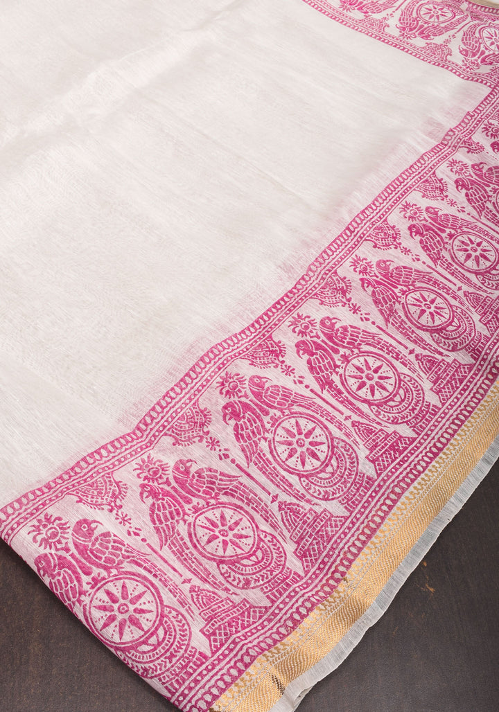 2 Week Preorder : White and Pink Sanganeri Hand Block printing on Pure Silk Linen in White and gold Zari border
