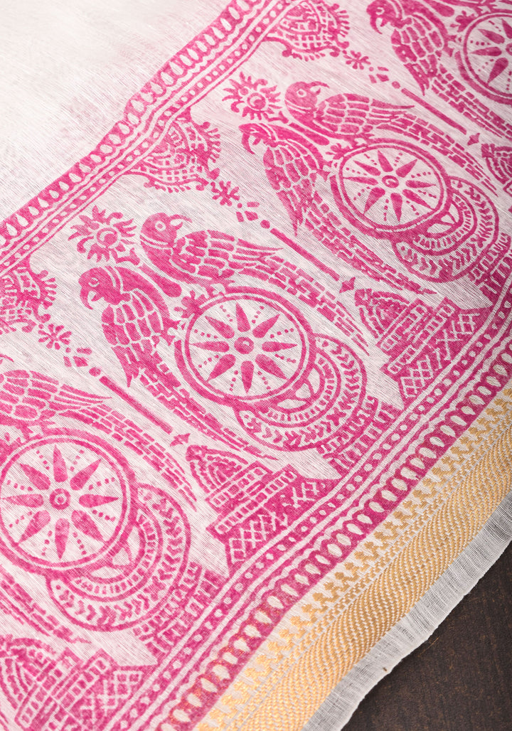 2 Week Preorder : White and Pink Sanganeri Hand Block printing on Pure Silk Linen in White and gold Zari border