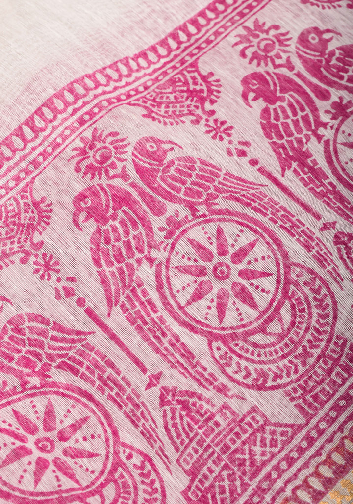 2 Week Preorder : White and Pink Sanganeri Hand Block printing on Pure Silk Linen in White and gold Zari border