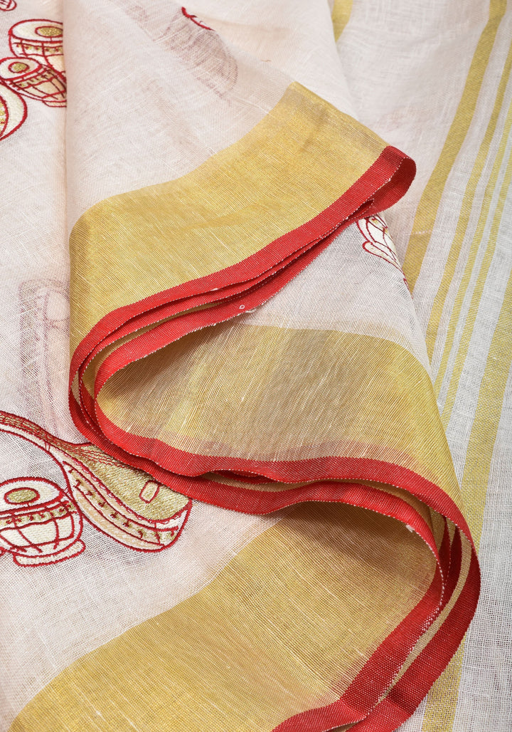 Linen by Linen Saree in White with Musical instruments embroidery motifs | Shobitam